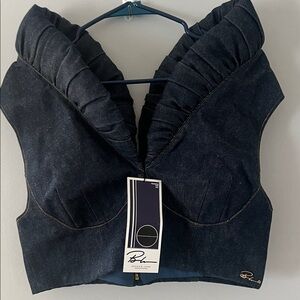 Dark Blue Denim Sleeveless Crop Top with Pleated Collar